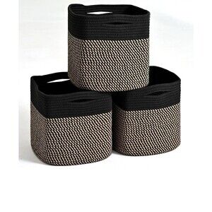 3 Pack Foldable 11 Inch Cube Storage Baskets Black Jute Closet Shelf Organizers